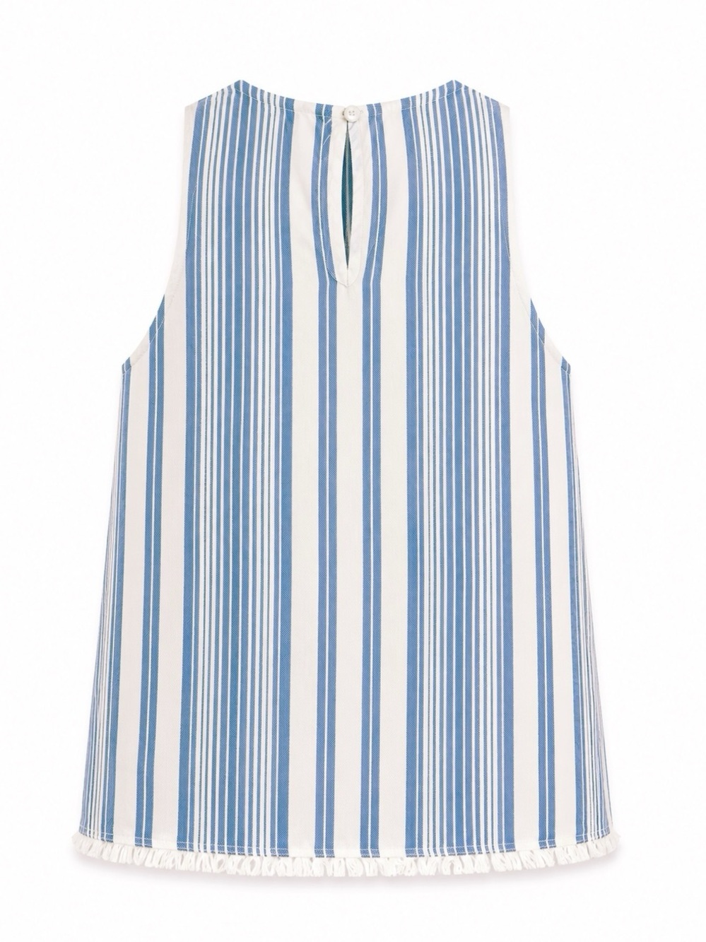 BELLA DAHL BLUE WHITE STRIPE SAND PEOPLE COASTAL LINEN FRINGE BOHO TOP SZ L NWT - Picture 5 of 7